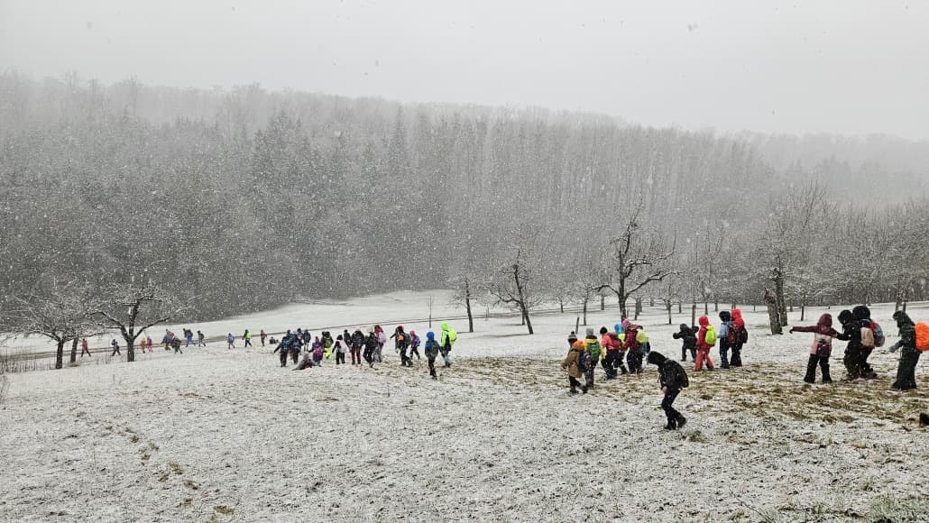 Schulklasse läuft im Schneetreiben über eine Streuobstwiese