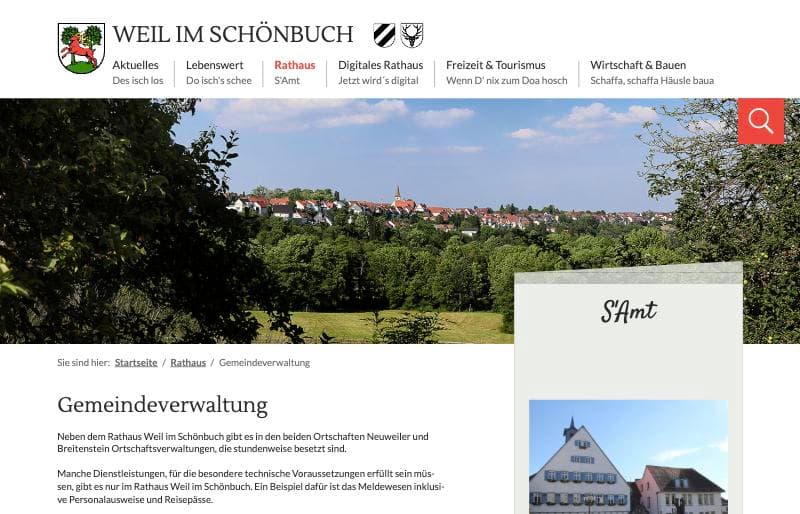 Die Seite der Gemeinde Weil im Schönbuch mit Ortsansicht und Infokasten